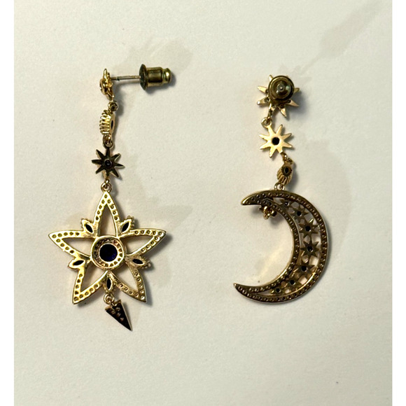 Star and Moon Eye Candy LA Luxe Collection 18K Gold Plated CZ Drop Earrings - Picture 2 of 6